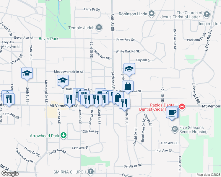 map of restaurants, bars, coffee shops, grocery stores, and more near 651 34th St SE in Cedar Rapids