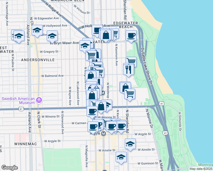 map of restaurants, bars, coffee shops, grocery stores, and more near 5326 North Winthrop Avenue in Chicago