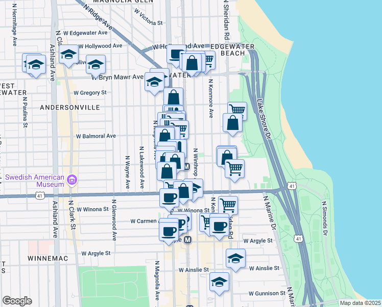 map of restaurants, bars, coffee shops, grocery stores, and more near 5326 North Winthrop Avenue in Chicago