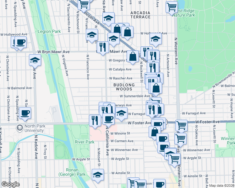 map of restaurants, bars, coffee shops, grocery stores, and more near 2720 West Summerdale Avenue in Chicago