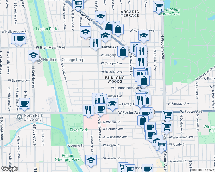 map of restaurants, bars, coffee shops, grocery stores, and more near 2720 West Summerdale Avenue in Chicago