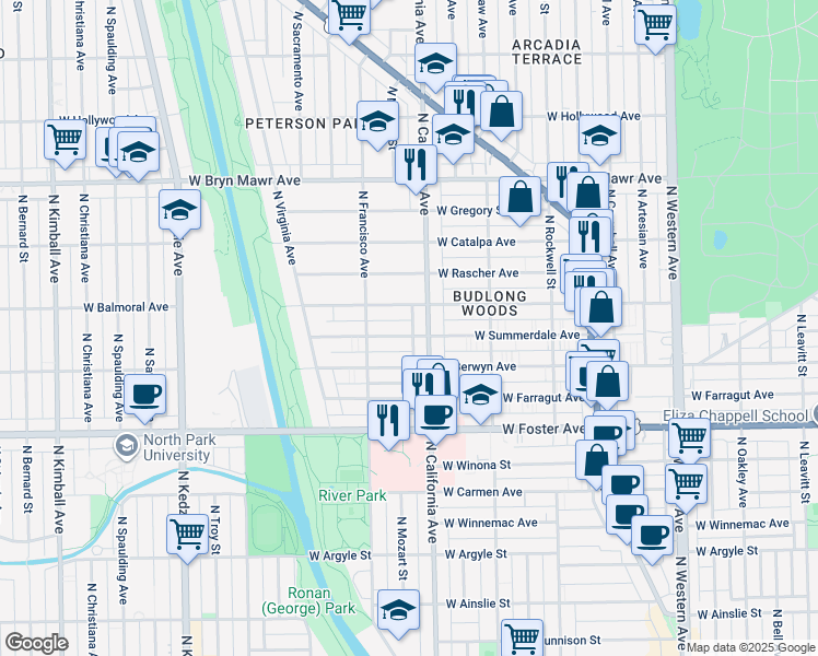 map of restaurants, bars, coffee shops, grocery stores, and more near 2836 West Summerdale Avenue in Chicago
