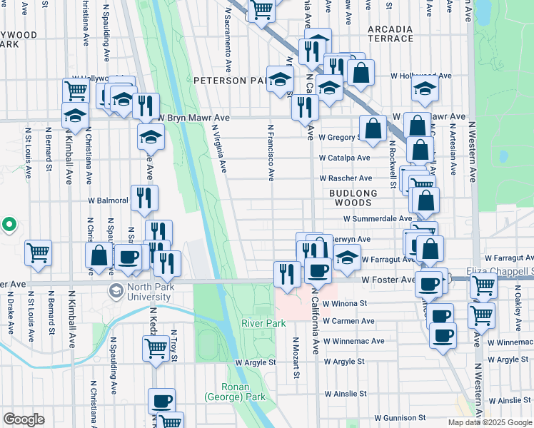 map of restaurants, bars, coffee shops, grocery stores, and more near 2911 West Balmoral Avenue in Chicago