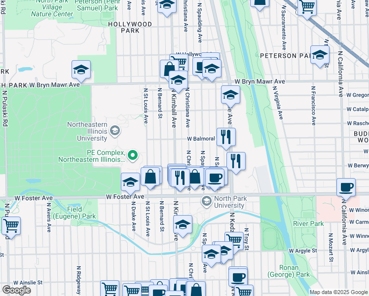 map of restaurants, bars, coffee shops, grocery stores, and more near 5348 North Christiana Avenue in Chicago