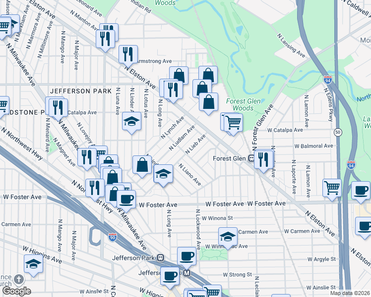 map of restaurants, bars, coffee shops, grocery stores, and more near 5421 North Larned Avenue in Chicago