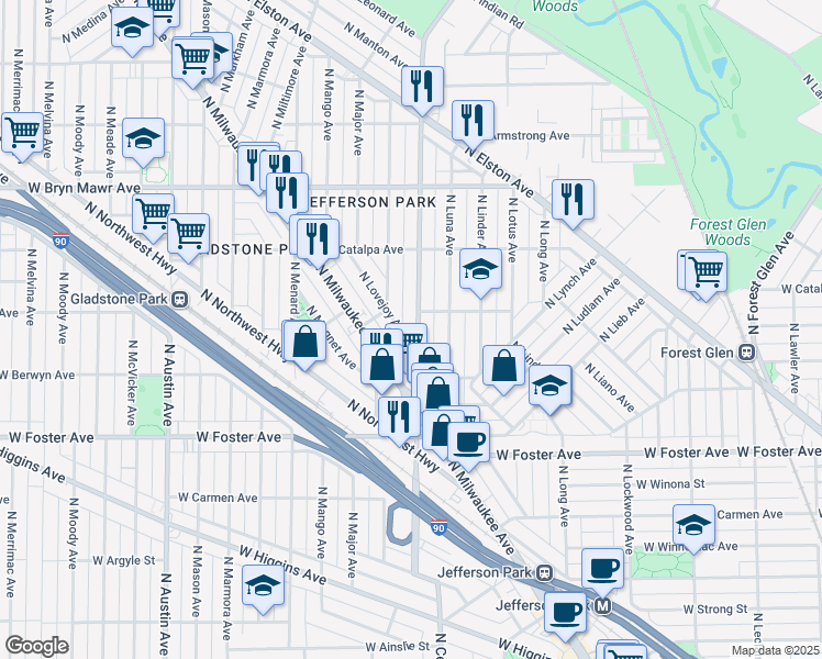 map of restaurants, bars, coffee shops, grocery stores, and more near 5355 North Central Avenue in Chicago