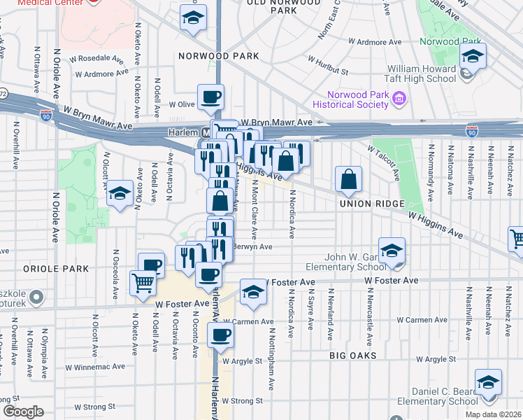 map of restaurants, bars, coffee shops, grocery stores, and more near 5369 West Balmoral Avenue in Chicago