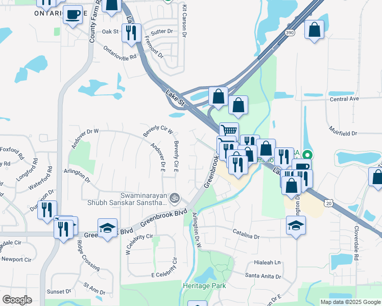 map of restaurants, bars, coffee shops, grocery stores, and more near 1360 Laguna Court in Hanover Park