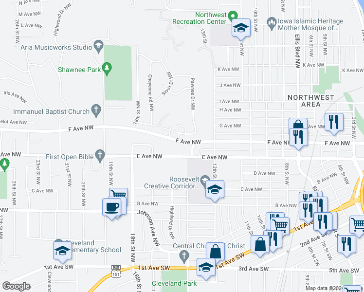 map of restaurants, bars, coffee shops, grocery stores, and more near 1503 F Avenue Northwest in Cedar Rapids