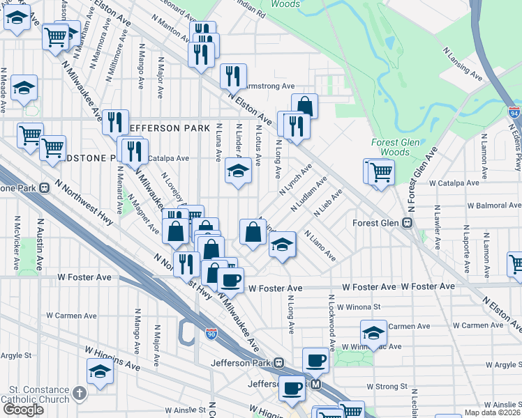map of restaurants, bars, coffee shops, grocery stores, and more near 5360 North Lynch Avenue in Chicago