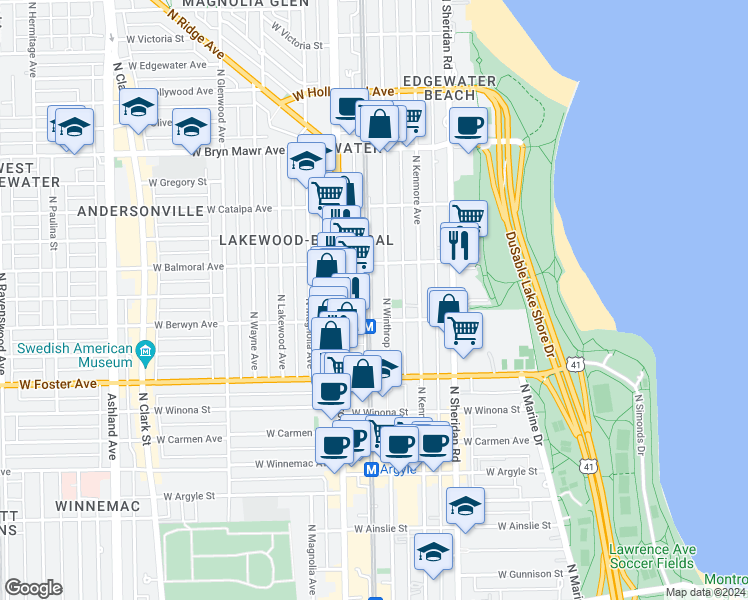 map of restaurants, bars, coffee shops, grocery stores, and more near 5320 North Winthrop Avenue in Chicago