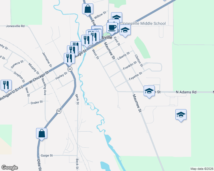map of restaurants, bars, coffee shops, grocery stores, and more near 410 West Street in Jonesville