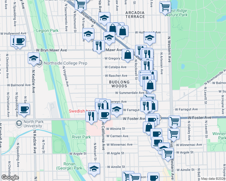 map of restaurants, bars, coffee shops, grocery stores, and more near 2720 West Summerdale Avenue in Chicago