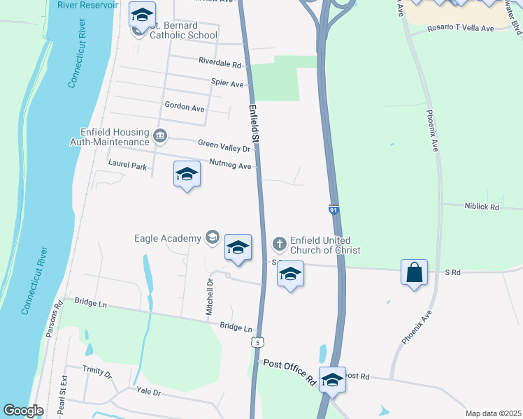 map of restaurants, bars, coffee shops, grocery stores, and more near 1264 Enfield Street in Enfield