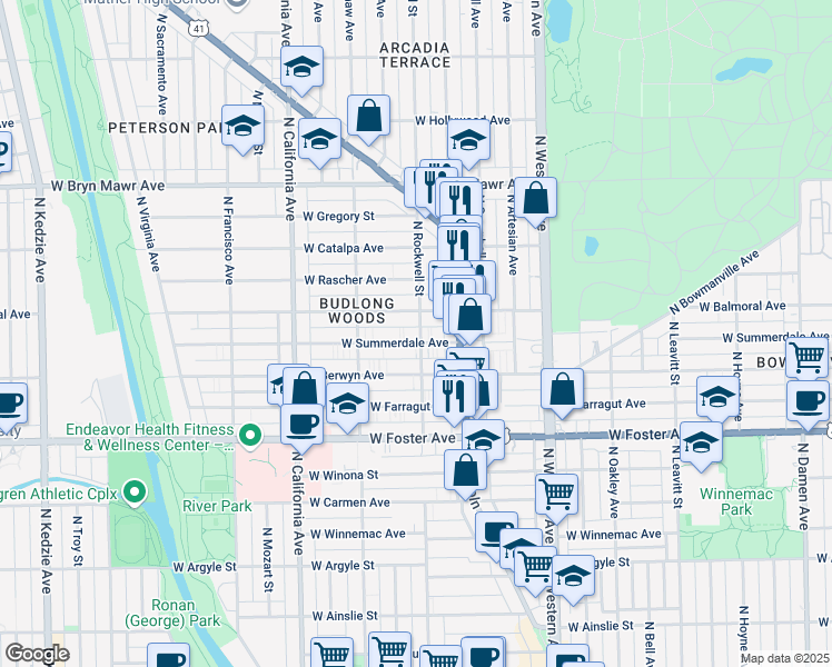 map of restaurants, bars, coffee shops, grocery stores, and more near 5350 North Rockwell Street in Chicago