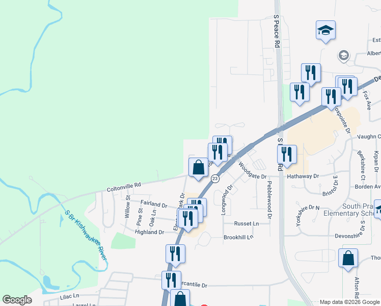 map of restaurants, bars, coffee shops, grocery stores, and more near 1356 Ridge Drive in Sycamore