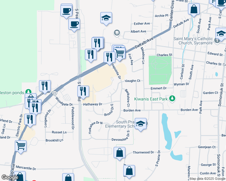 map of restaurants, bars, coffee shops, grocery stores, and more near 949 Constance Lane in Sycamore