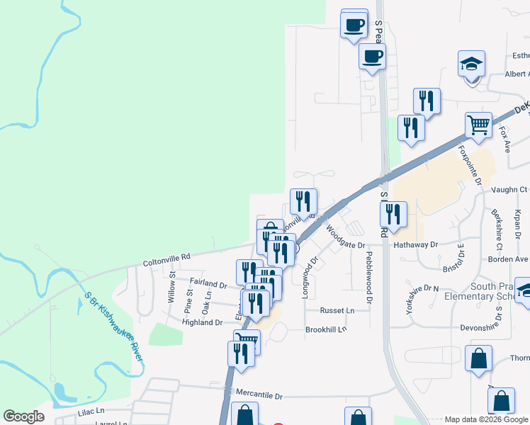 map of restaurants, bars, coffee shops, grocery stores, and more near 1356 Ridge Drive in Sycamore