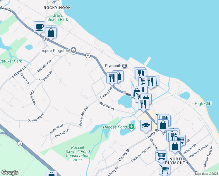 map of restaurants, bars, coffee shops, grocery stores, and more near 390 Court Street in Plymouth