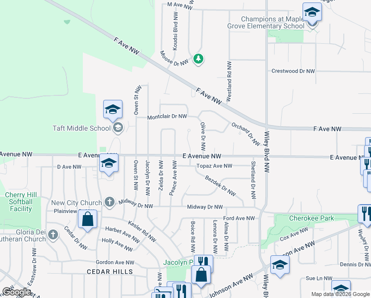 map of restaurants, bars, coffee shops, grocery stores, and more near 606 Bartlet Court Northwest in Cedar Rapids