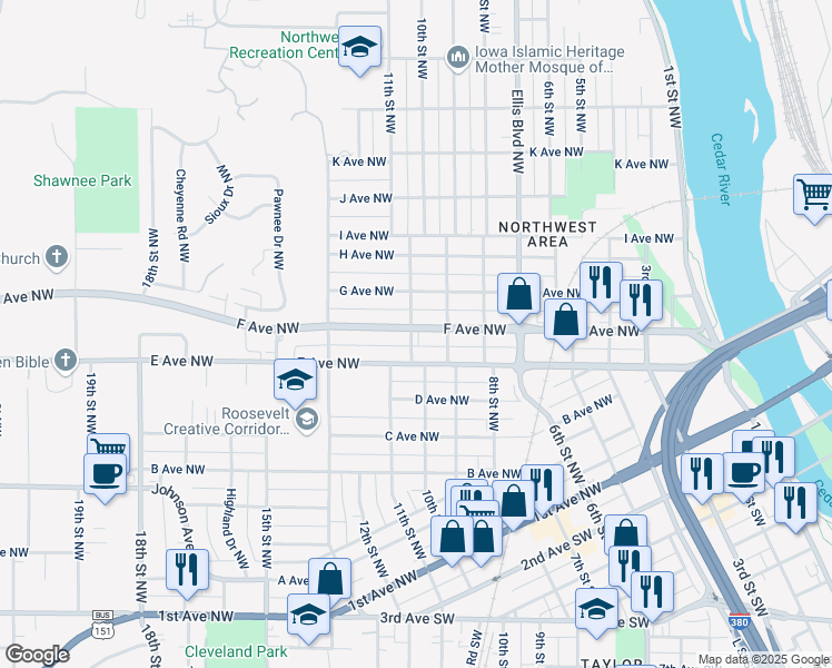 map of restaurants, bars, coffee shops, grocery stores, and more near 927 F Avenue Northwest in Cedar Rapids