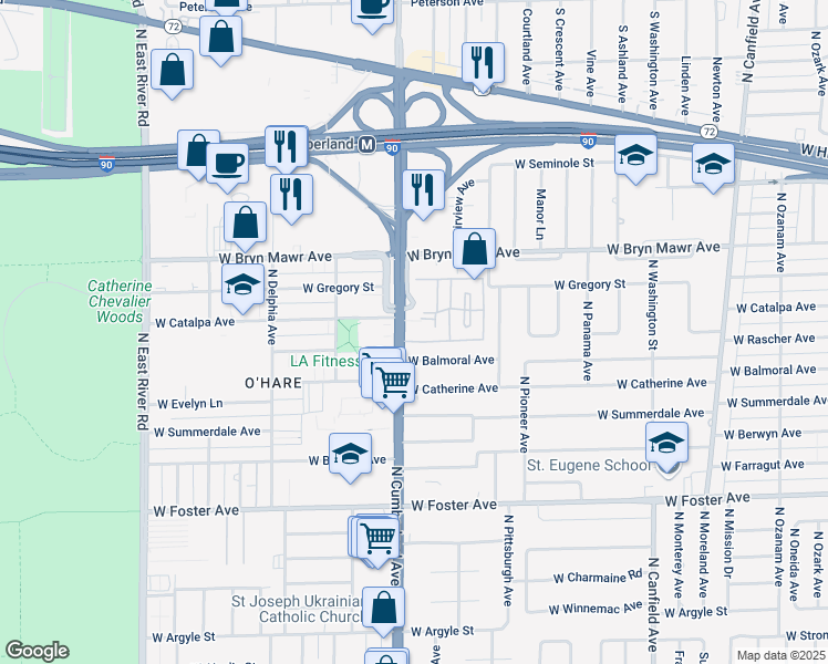 map of restaurants, bars, coffee shops, grocery stores, and more near 5501 North Cumberland Avenue in Chicago