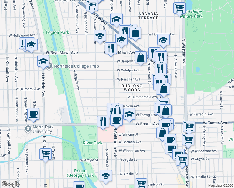 map of restaurants, bars, coffee shops, grocery stores, and more near 5335 North California Avenue in Chicago