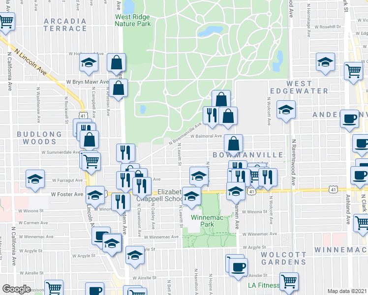 map of restaurants, bars, coffee shops, grocery stores, and more near 2152 West Summerdale Avenue in Chicago