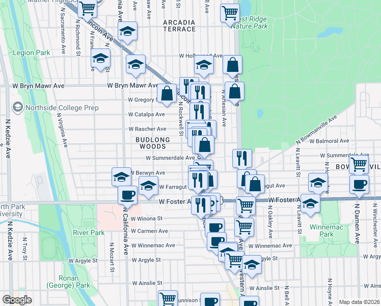 map of restaurants, bars, coffee shops, grocery stores, and more near 5346 North Lincoln Avenue in Chicago