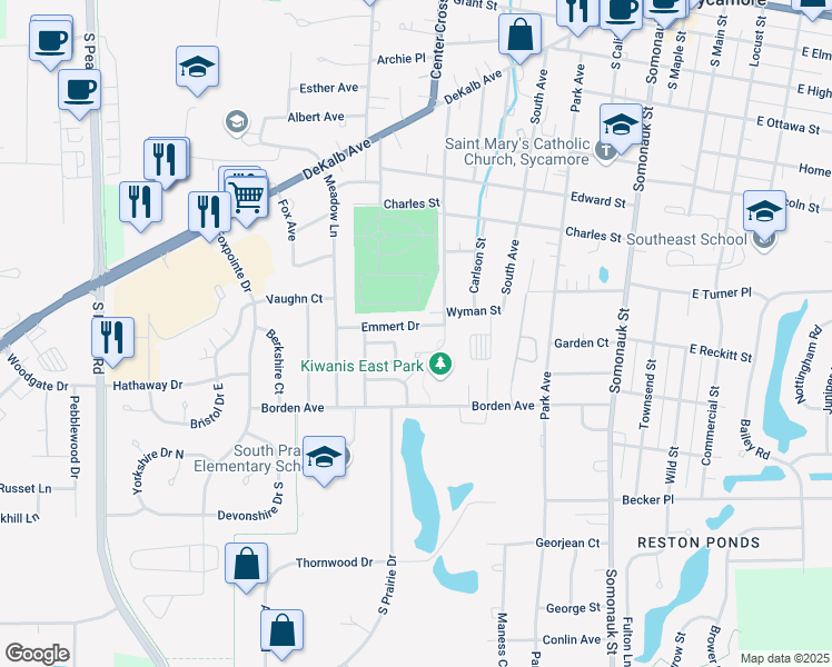 map of restaurants, bars, coffee shops, grocery stores, and more near 626 Emmert Drive in Sycamore