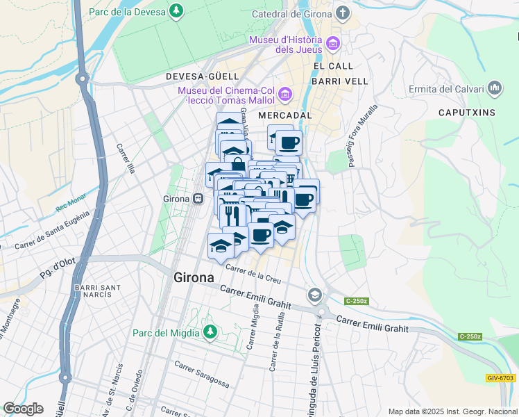 map of restaurants, bars, coffee shops, grocery stores, and more near Carrer de Joan Maragall in Girona