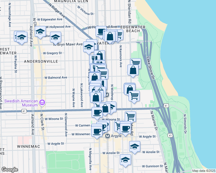 map of restaurants, bars, coffee shops, grocery stores, and more near 5326 North Winthrop Avenue in Chicago