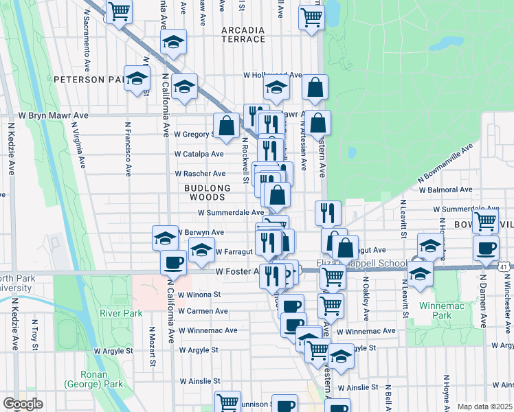map of restaurants, bars, coffee shops, grocery stores, and more near 5346 North Lincoln Avenue in Chicago