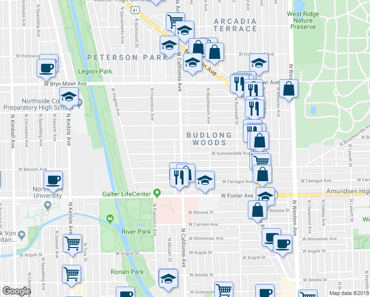map of restaurants, bars, coffee shops, grocery stores, and more near 5347 North California Avenue in Chicago