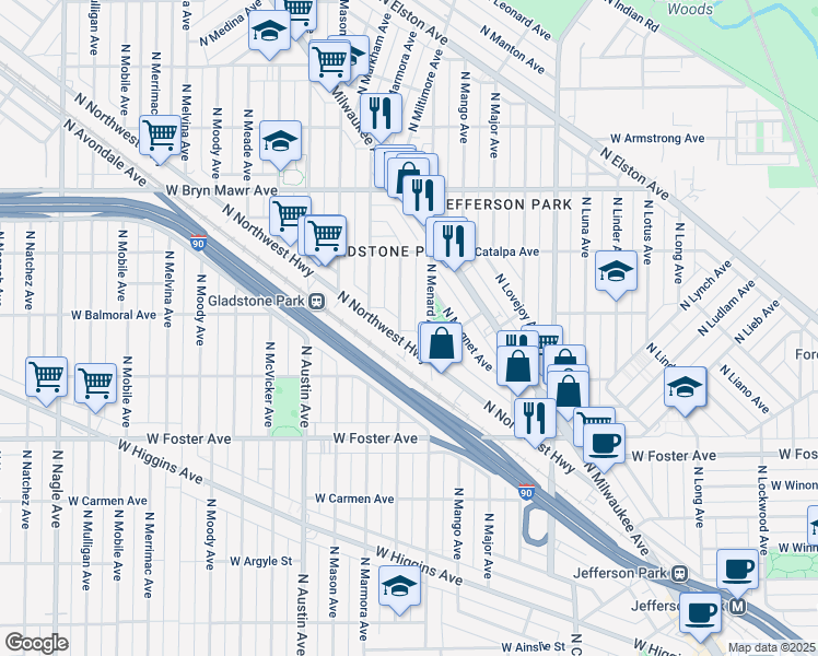 map of restaurants, bars, coffee shops, grocery stores, and more near 5417 North Monitor Avenue in Chicago