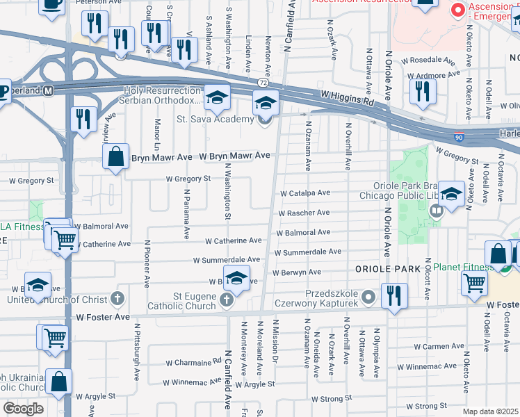 map of restaurants, bars, coffee shops, grocery stores, and more near 5441 Linden Avenue in Chicago
