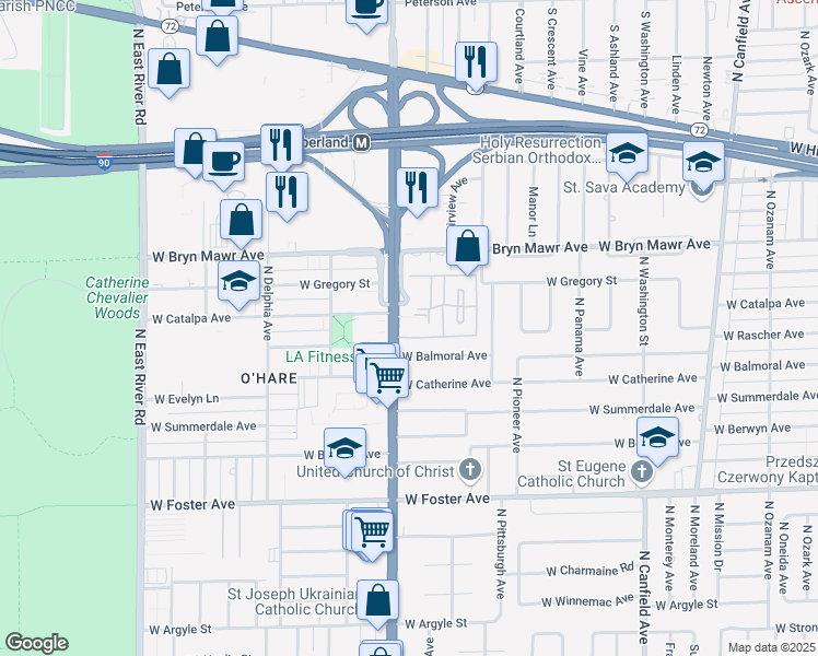 map of restaurants, bars, coffee shops, grocery stores, and more near 5503 North Cumberland Avenue in Chicago