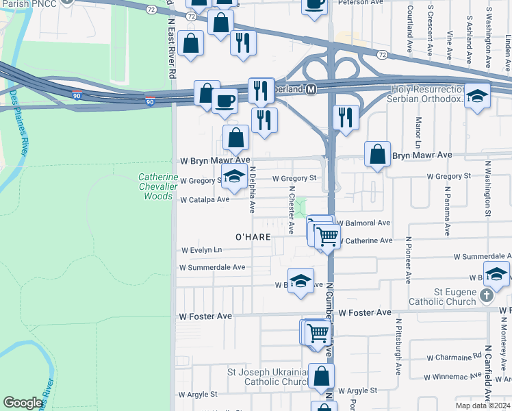map of restaurants, bars, coffee shops, grocery stores, and more near 8557 West Catalpa Avenue in Chicago