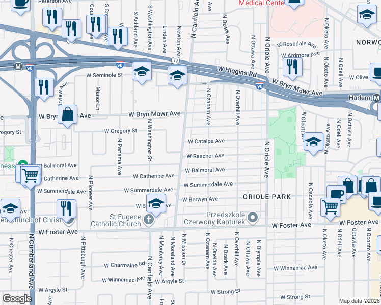map of restaurants, bars, coffee shops, grocery stores, and more near 7838 West Rascher Avenue in Chicago