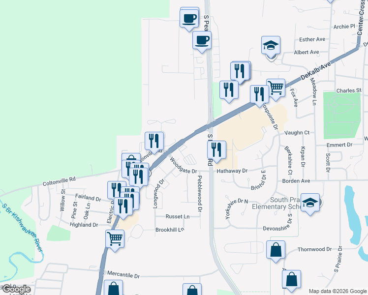map of restaurants, bars, coffee shops, grocery stores, and more near 1400 DeKalb Avenue in Sycamore