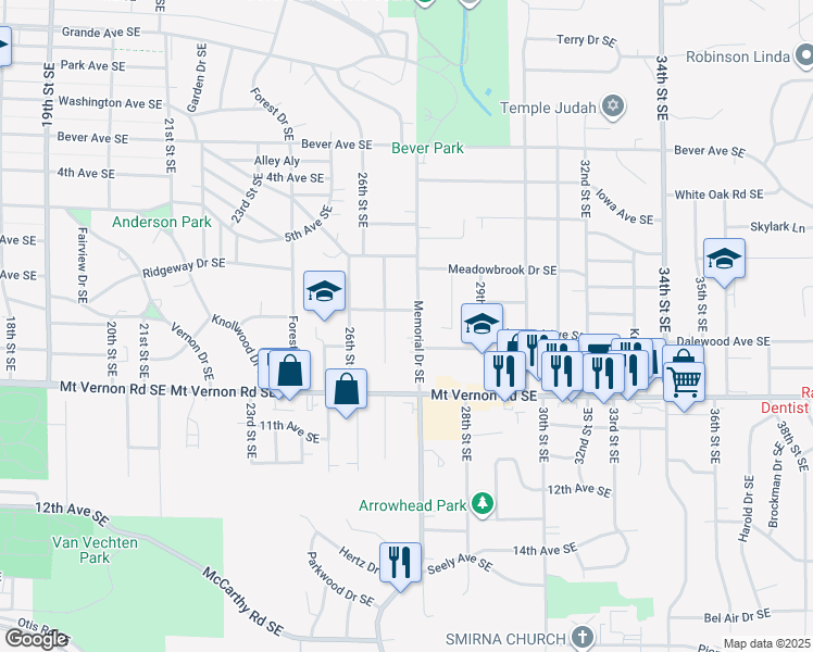 map of restaurants, bars, coffee shops, grocery stores, and more near 638 Grant Wood Drive Southeast in Cedar Rapids