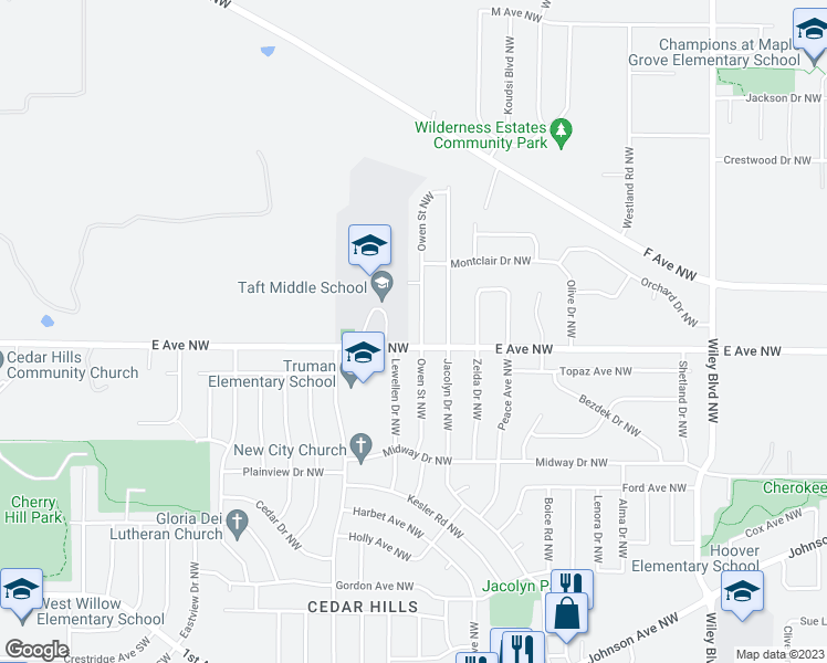 map of restaurants, bars, coffee shops, grocery stores, and more near 610 Owen St NW in Cedar Rapids