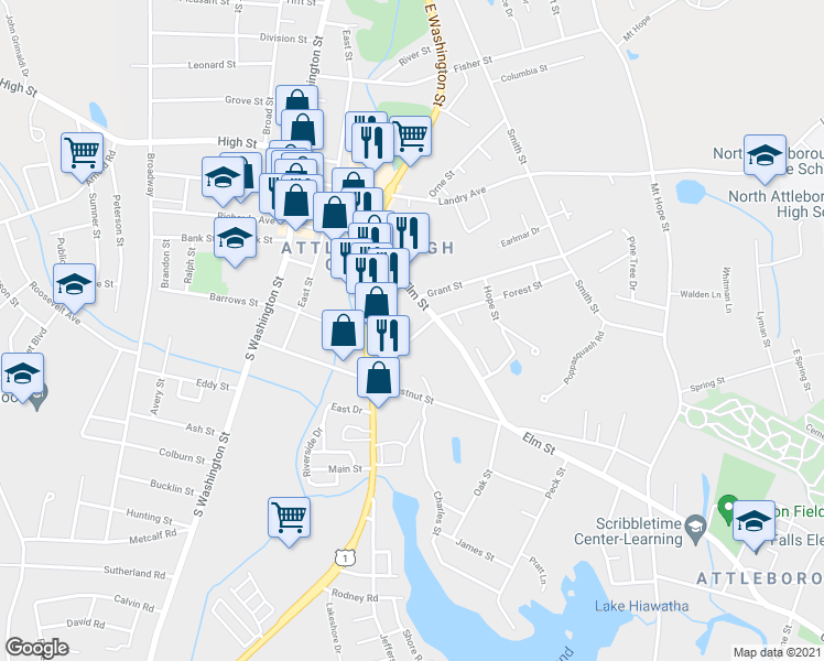 map of restaurants, bars, coffee shops, grocery stores, and more near 19 Jay Street in North Attleborough