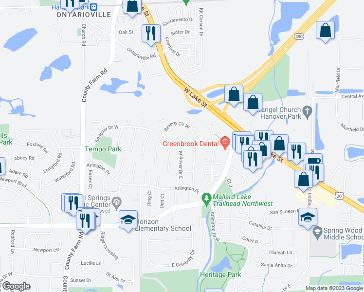 map of restaurants, bars, coffee shops, grocery stores, and more near 5889 Andover Drive East in Hanover Park