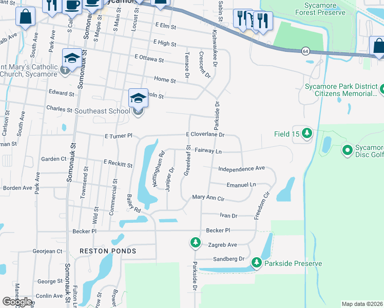 map of restaurants, bars, coffee shops, grocery stores, and more near 918 Greenleaf Street in Sycamore