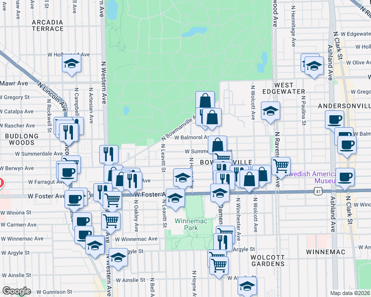 map of restaurants, bars, coffee shops, grocery stores, and more near 2110 West Summerdale Avenue in Chicago