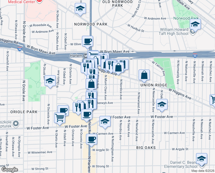 map of restaurants, bars, coffee shops, grocery stores, and more near 5369 West Balmoral Avenue in Chicago