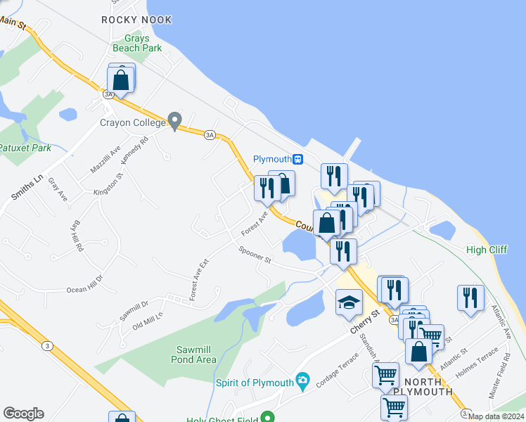 map of restaurants, bars, coffee shops, grocery stores, and more near 7 Forest Avenue in Plymouth
