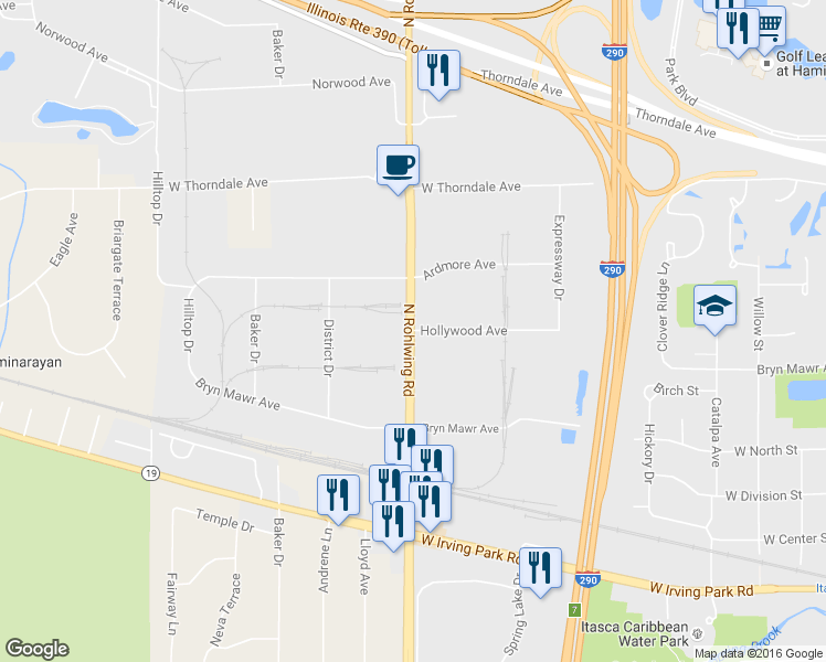 map of restaurants, bars, coffee shops, grocery stores, and more near 1171 N Rohlwing Rd in Itasca