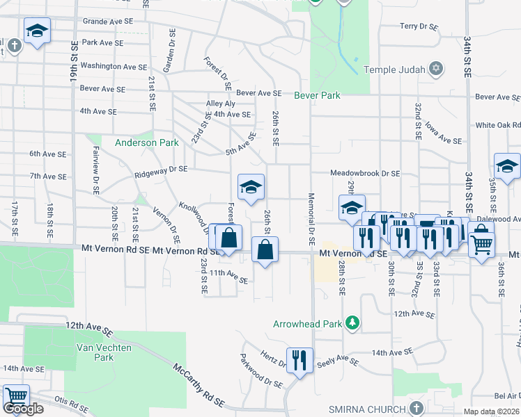 map of restaurants, bars, coffee shops, grocery stores, and more near 645 26th Street Southeast in Cedar Rapids